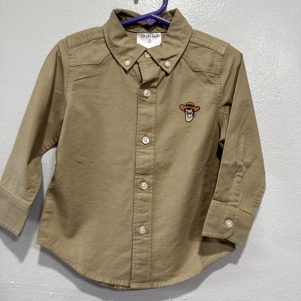 Baby Gap X Pixar Oxford Shirt Embroidered Woody Toy Story Toddler 2T khaki